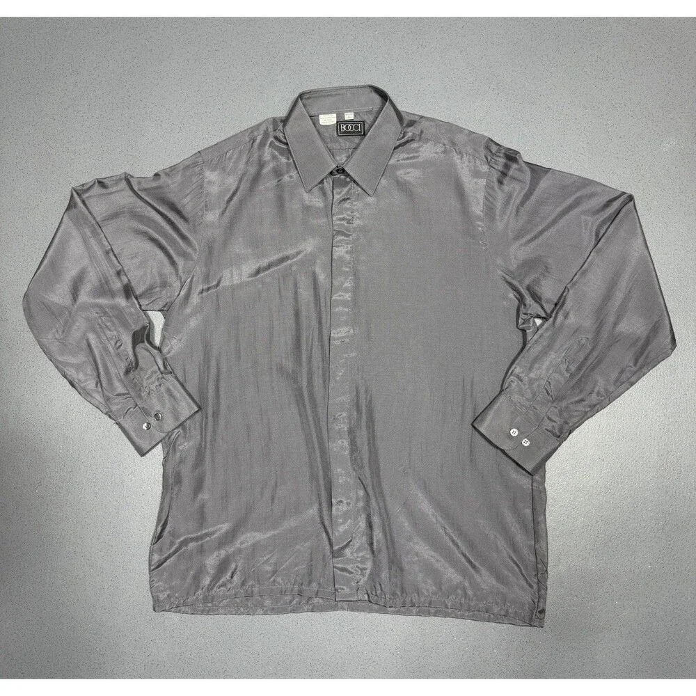 Vintage Bocci Silk Shirt Mens Large 16.5 Gray Silver Metallic Long Sleeve